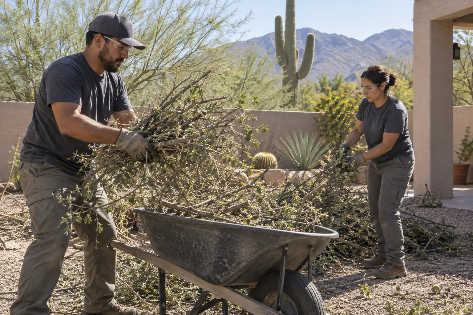 Illustrative yard debris removal scene